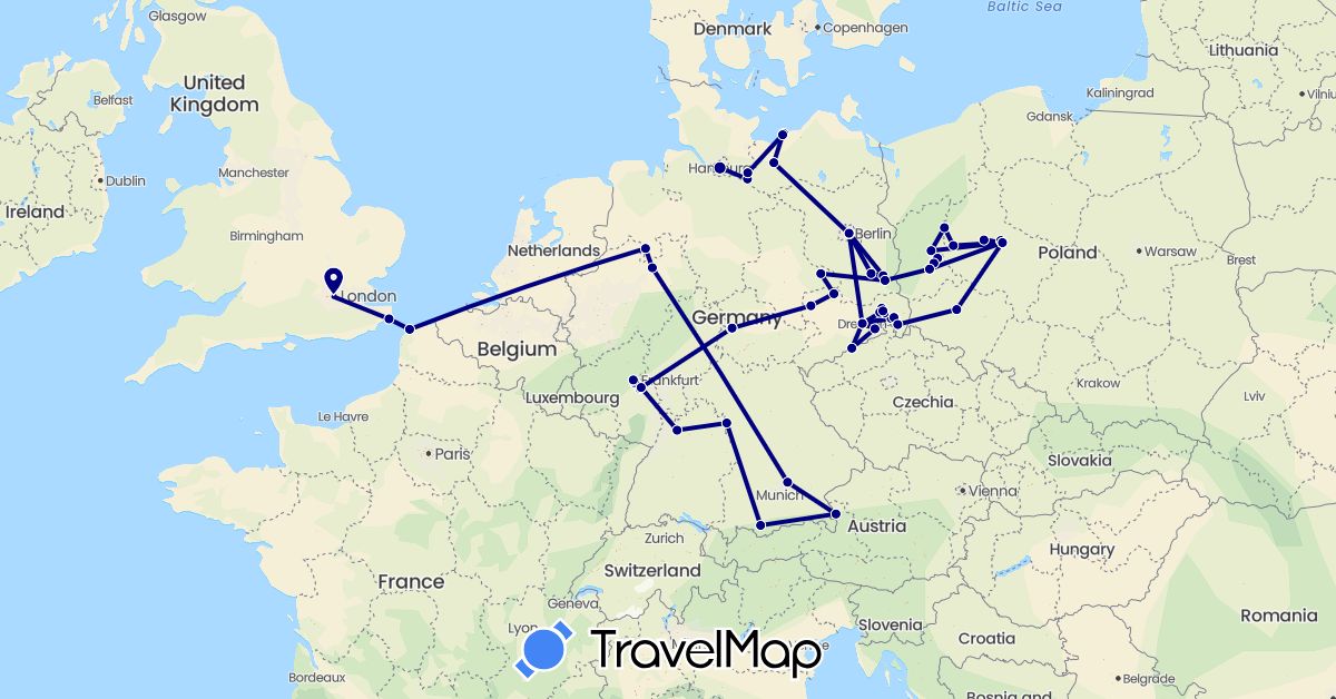 TravelMap itinerary: driving in Austria, Germany, France, United Kingdom, Poland (Europe)